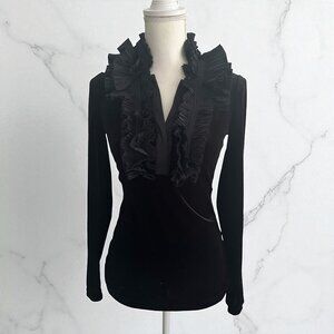 BCBG MAX AZRIA Black Velvet Ruffle Collar Blouse Size XS